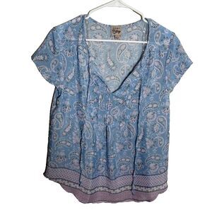 Como Vintage Blouse Women's Large V-Neck Floral Short Sleeve Tie Shirt Top